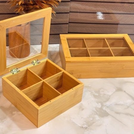 صندوق تخزين من خشب البامبو مقسم بغطاء شفاف